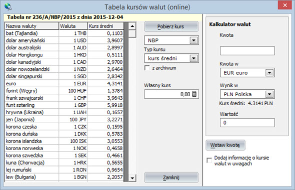 Inne - Inne - Kursy walut - Program fakturowania