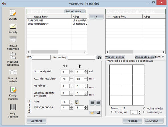 Druki pocztowe - Adresowanie etykiet - System do fakturowania