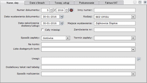 Faktury - Dokument - Tworzenie nowego dokumentu sprzedaży - formatki - Program faktura vat