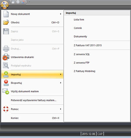 Import, eksport danych - System do fakturowania