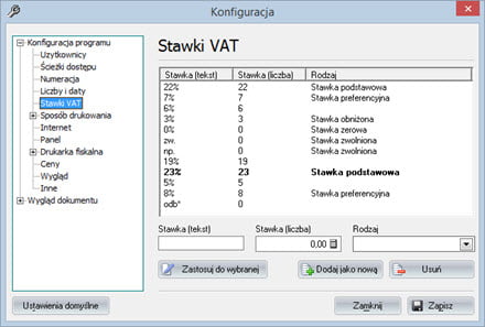 Ustawienie stawek VAT - Program faktura vat