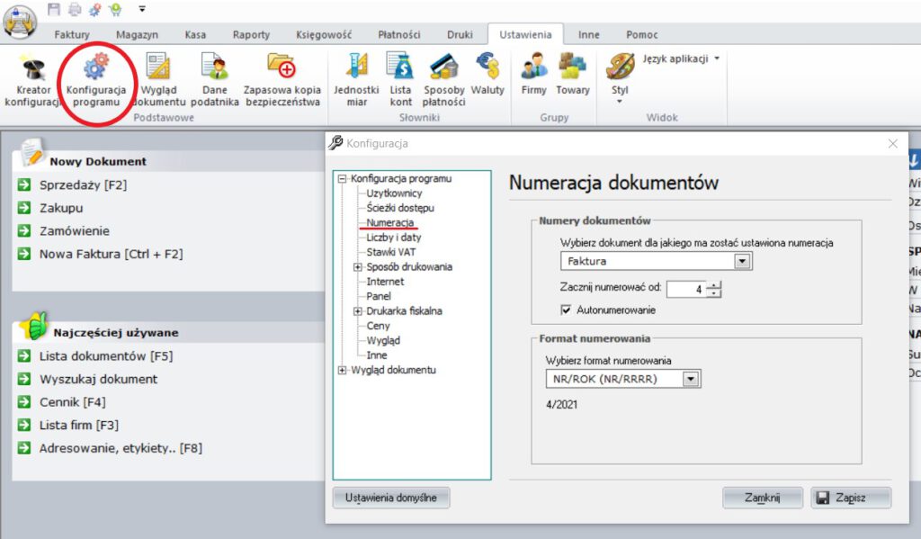 Numerowanie faktur w programie Faktura VAT 2021