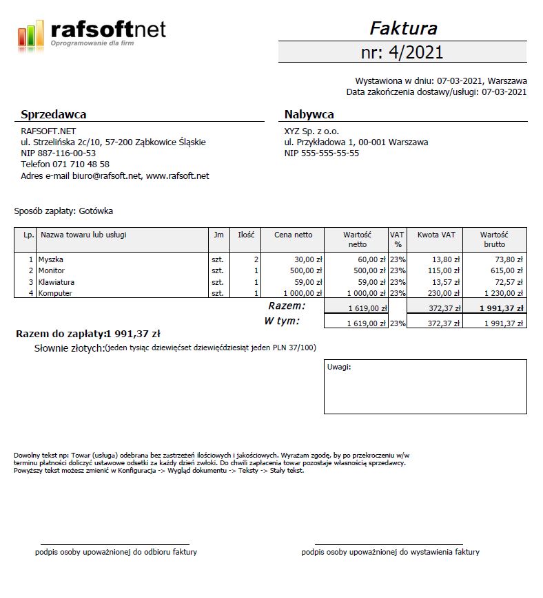 Wzór faktury VAT z programu Faktura VAT 2021