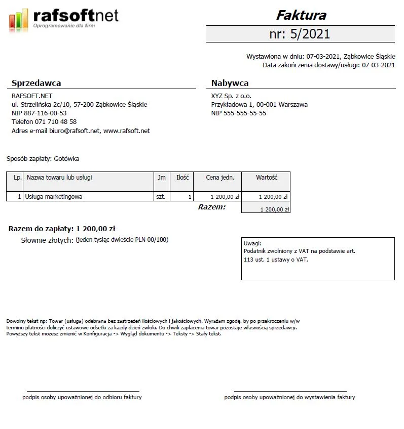 Wzór faktury bez VAT