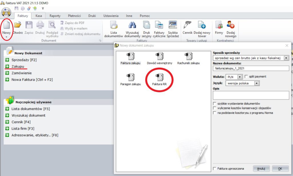 Faktura VAT RR w programie