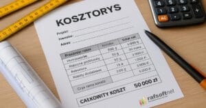 kosztorys budowlany na biurku z narzędziami i planami